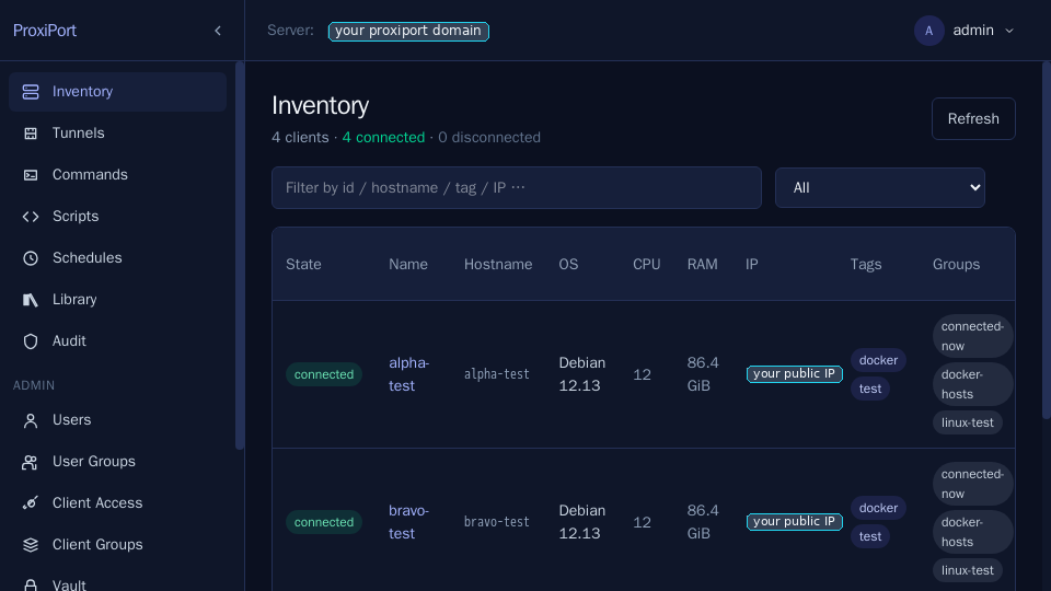 The ProxiPort inventory page after a few agents have
connected.