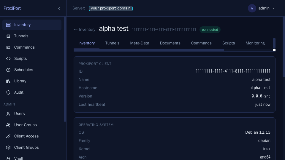 Client detail page — identity, OS / kernel / hardware inventory,
recent heartbeat, and the tabs that group everything you can do
against this agent.