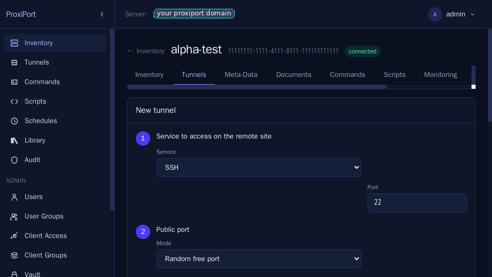 Tunnel create form — pick the agent-side address, the public
scheme, and an ACL. The server allocates the public port from
[server] used_ports unless you pin it
manually.