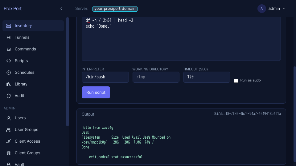 Script run — bash heredoc style, with timeout and
Run as sudo toggles, streamed output below.