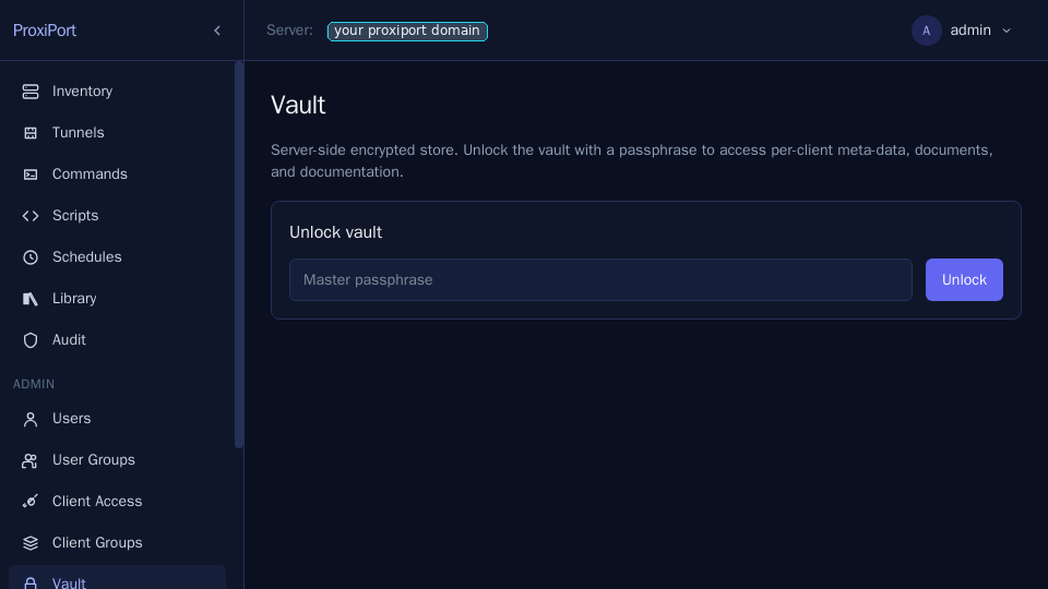 Vault unlock prompt. The passphrase is held in process memory only
— a server restart re-locks the vault and every operator has to
unlock again.
