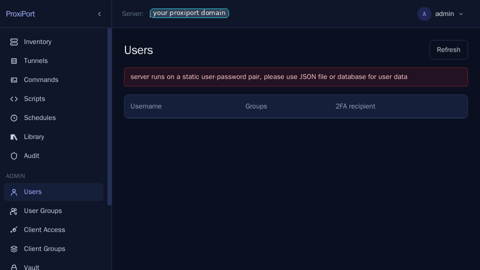 Static-auth warning on the Users page.