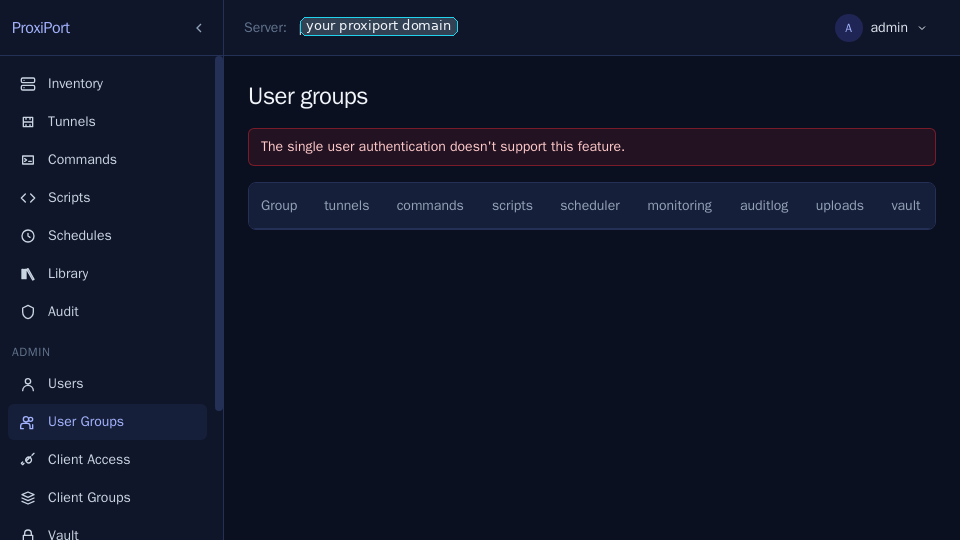 User Groups — RBAC columns for clients, tunnels, commands,
schedules, vault, library, audit, monitoring, users, client-auth,
client-groups, and api-tokens.
