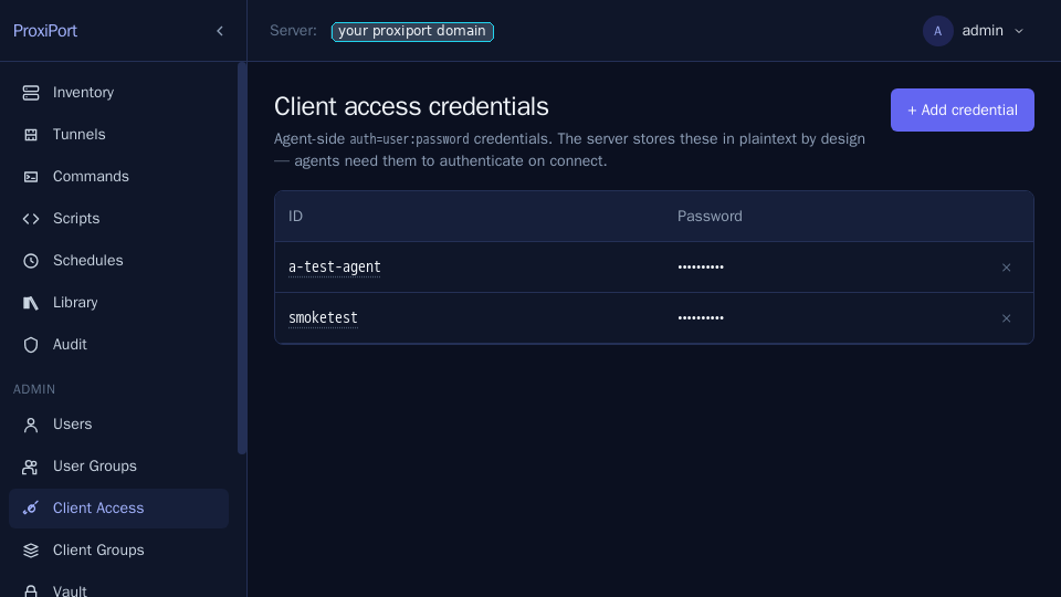 Client Access page — create, edit, and delete client-auth IDs
  used by agents to register.
