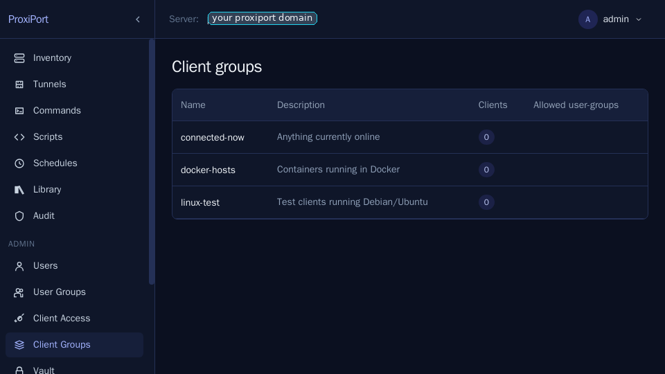 Client Groups list.