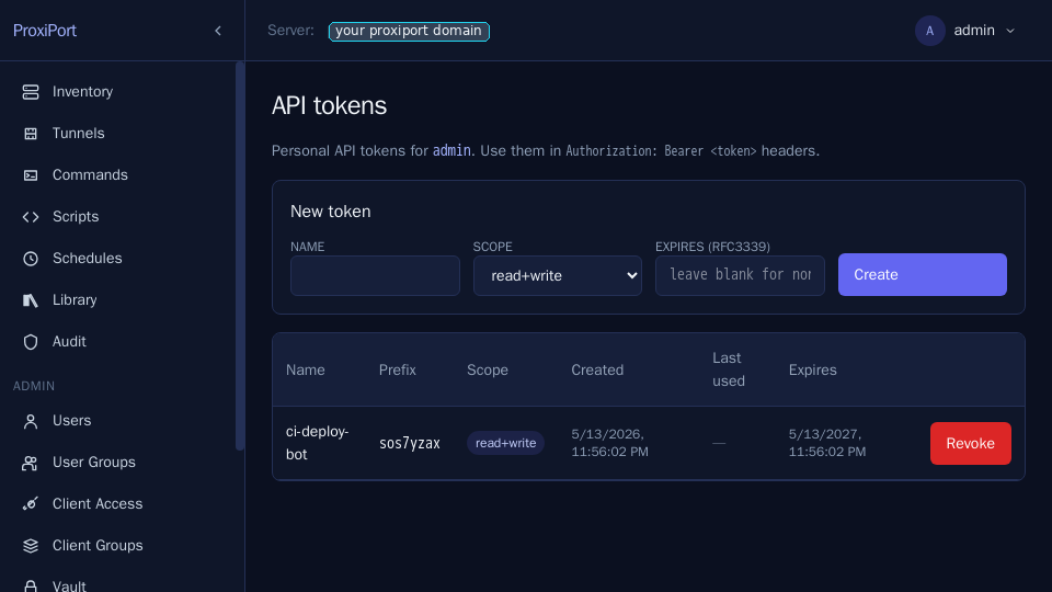 Create-token form — name, scope, and expiry. The token is
  shown once on creation; copy it
  immediately.