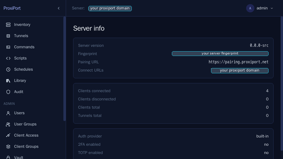 Server info — copy the fingerprint into each agent's
proxiport.conf to pin it.