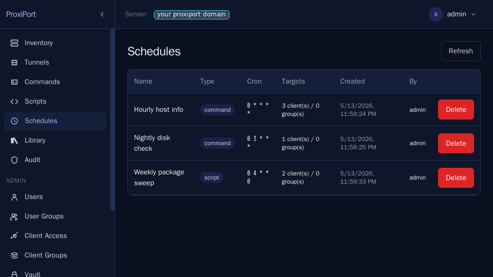 Schedules — cron expression, target agent, and the body of the
command or script to dispatch.