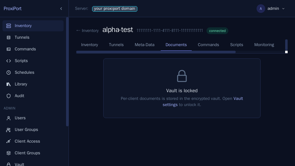 Per-client documentation page rendering the same locked-vault
banner — documents that live inside the vault stay opaque until the
passphrase is supplied.