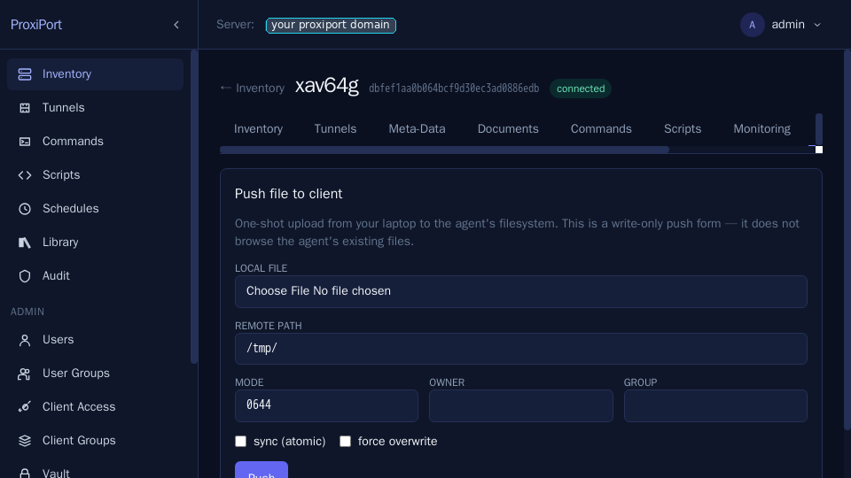 File push — pick the agent, the destination path, the mode, and
the body of the file.