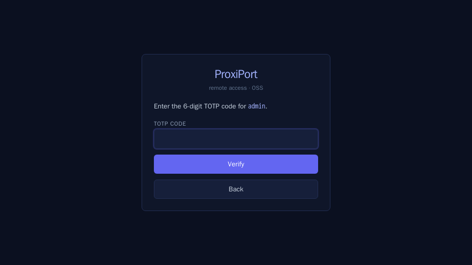 Login with 2FA enabled — the SPA holds the intermediate token in
memory, prompts for the TOTP, and only exchanges for the final JWT
on a correct code.