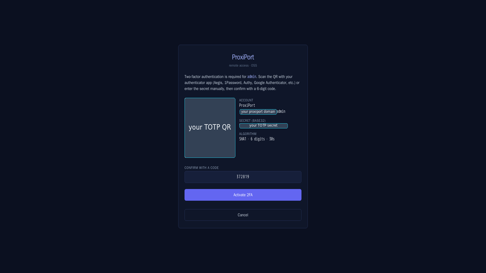 2FA enrollment — the SPA renders the QR client-side; the secret
  never leaves the browser.