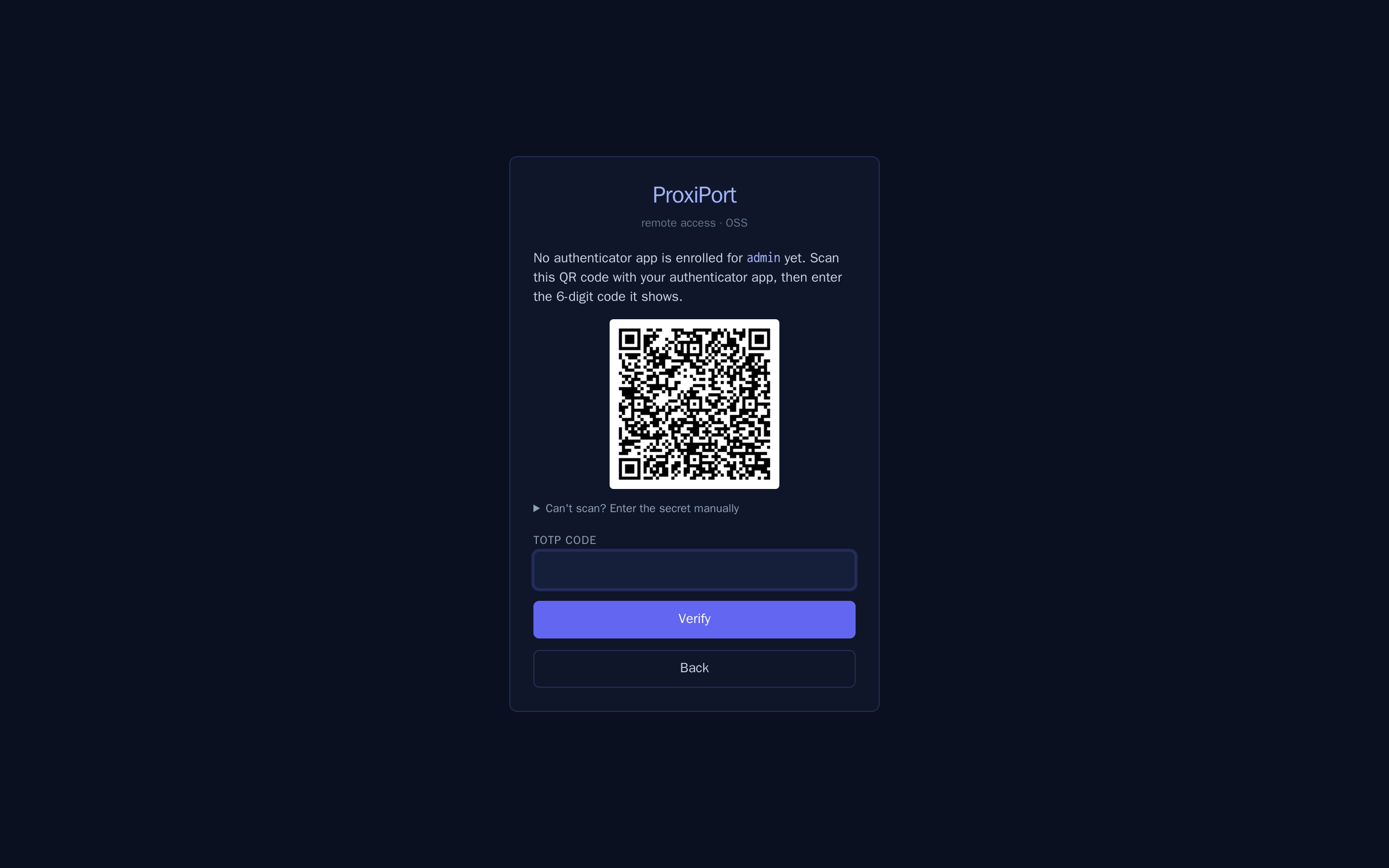 First login after TOTP is switched on — the server issues the
  secret, the SPA shows it as a QR (and as text for manual entry) and
  asks for the first code.